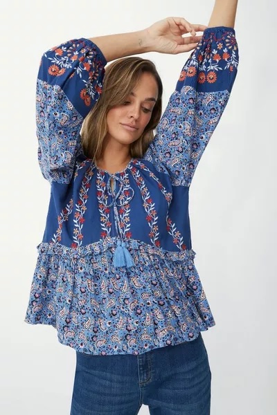 2-1 Mantaray Embroidered Trim Paisley Floral Print Top