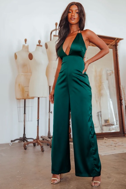 1-1 Hold that Pose Emerald Green Satin Jumpsuit