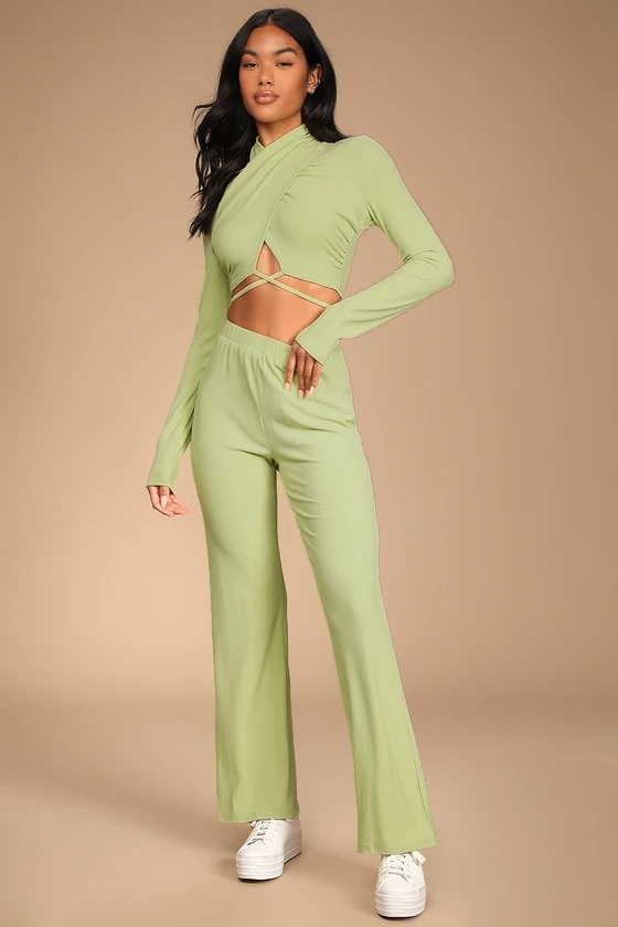7-1 Freestyle 'Fit Light Green Ribbed Wide-Leg Lounge Pants